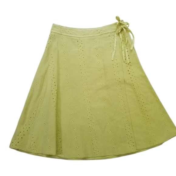 Linen Skirt Green A-Line Knee-Length  Eyelet Skirt with Ties Sz 14 - Picture 1 of 10